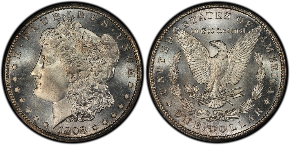 Side-by-side comparison of 1898 Philadelphia (no mint mark) and 1898-S Morgan dollar reverses, with S mint mark highlighted