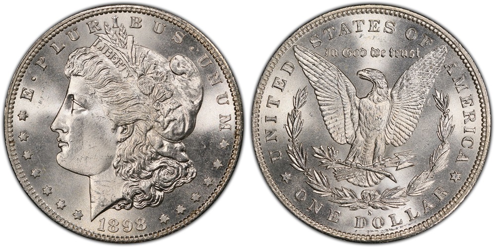 1898-S Morgan Silver Dollar reverse showing S mint mark above DOLLAR lettering with sharp eagle breast feather detail