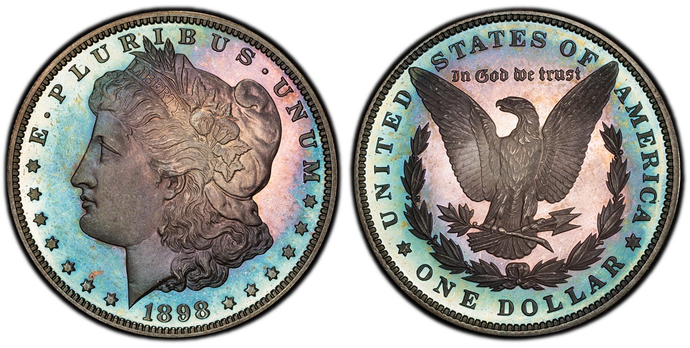 1898 Morgan dollar grading strip showing four condition tiers from worn to gem Mint State side by side